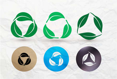 Set of biodegradable recyclable plastic free package icon. Bio recyclable degradable and recycle leaves label   template. Vector illustration. Isolated on texture crumpled paper background.のイラスト素材