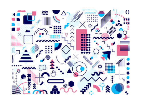 Big set geometric memphis design, minimal seamless texture. Cool futuristic cover modern flat bauhaus. Textile vintage element design, retro memphis. Vector illustration isolated on white backgroundのイラスト素材