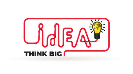Idea quote with light bulb. Slogan text Think big. Logo design concept of big ideas inspiration innovation, invention, effective thinking. Vector illustration. Isolated on blue background.のイラスト素材