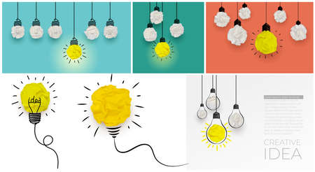 Set of concept creative idea hanging light bulbs with glowing one different idea on light blue, green, terracotta background. Minimal concept idea and innovation with paper ball. Vector illustration.の写真素材