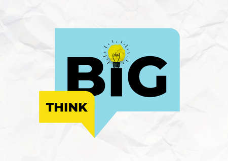 Inspirational motivational quote - Think Big. Yellow crumpled paper in the form of a light bulb. Vector illustration. Isolated on blue background.のイラスト素材