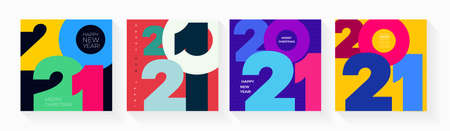 Set of creative concept Happy New Year of 2021 posters. Design templates with typography  for celebration and season decoration. Vector illustration minimalistic trendy for branding, banner, coverのイラスト素材