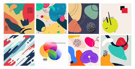 Set of colored abstract cover. Hand drawn various shapes and doodle objects. Contemporary modern...