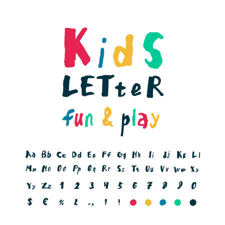 Kids playful style font design. Childish alphabet letters, signs and symbols, numbers. Hand drawn alphabet. Colored and dark blue vector illustration. Isolated vector illustration.のイラスト素材