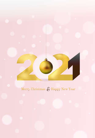Gold 2020 Happy New Year and Merry Christmas greeting card. Festive xmas decoration golds Christmas balls hanging on the ribbon. Vector illustration. Isolated on white background.のイラスト素材