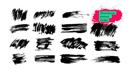 Set of monochrome black abstract strokes, brushes, grunge textures. Hand drawn paint brush strokes and stains. Ink brush lines, grungy. Dirty design elements, boxes, frames. Vector illustration.のイラスト素材