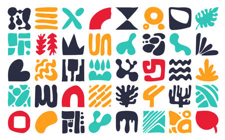 Collection of minimal style abstract shapes, modern design elements. Hand drawn organic art composition. Geometric background, colorful template. Vector illustration. Isolated on white background.のイラスト素材