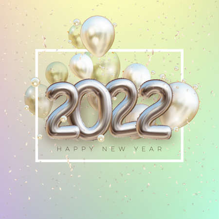 2022 silver decoration holiday. Happy New Year 2022 holiday. Shiny party time. Silver foil balloons numeral 2022 with realistic festive objects.glitter gold confetti. Realistic vector illustration.のイラスト素材
