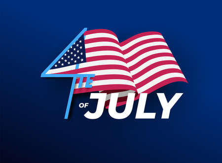 4th of July USA Independence Day greeting card with waving american national flag design text. Out of the number 4 the national flag flies. Vector illustration. isolated on dark blue background.のイラスト素材