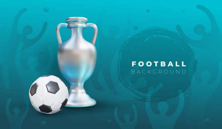 European football 2020. Realistic ball and victory cup graphic design on blue background with spots. Stylish background gradient with fans. Vector illustration. Isolated on blue background.のイラスト素材