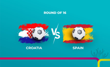 Round of 16 of the euro football championship Croatia national team and Spain national team. Vector illustration of football 2020 matches.のイラスト素材