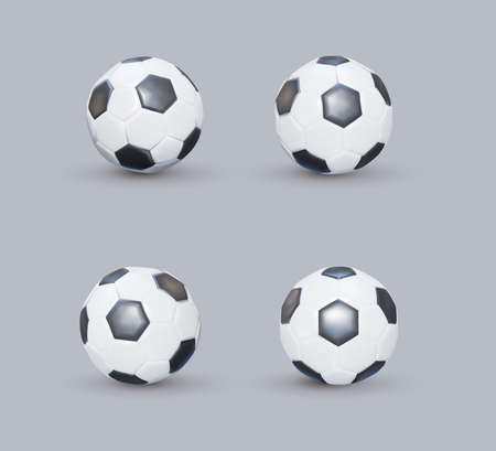 Set of realistic soccer balls or football ball on white background. Black and white classic leather football ball. 3d Style vector Ball isolated on white background.のイラスト素材