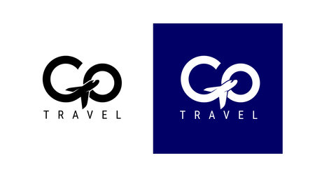 Go travel icon. Design lettering G Air Travel. Vector simple black and white concept. Trendy icon for branding, calendar, card, banner, cover. Isolated on white, blue background.のイラスト素材