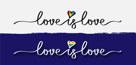 LOVE is LOVE. Lettering lgbtq pride text for poster. Continuous line script cursive illustration love. LGBT, card, banner. Freehand drawing word love with rainbow heart. Vector print for web, t-shirt.のイラスト素材