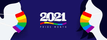 Silhouette of man and woman with protective face mask colored in rainbow. Pride protection concept. LGBT flag color and icon 2021 pride month. Flat banner, card, web, vector illustration.のイラスト素材