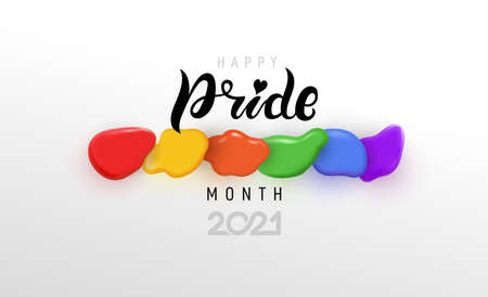 Pride month 2021 icon with rainbow spotted flag. Pride symbol with heart, LGBT, sexual minorities, gays and lesbians. Banner Love is love. Template designer sign, icon colorful brush strockes rainbow.のイラスト素材