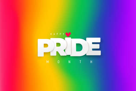 LGBTQ Pride Month. White paper text Pride label on blurred rainbow background. Banner Love is love. Human rights or diversity concept. Template LGBT event banner design.のイラスト素材