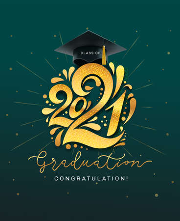 Class of 2021. Graduation vector banner with gold numbers, graduate academic cap and golden glitter. Concept design for graduation. Congratulation card with lettering. Isolated on green background.のイラスト素材