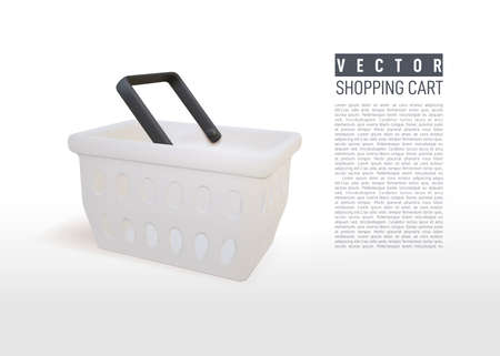 Realistic 3d white empty shopping basket. Online store. Hypermarket product carry object. Plastic shopping cart. Vector grocery basket realistic illustration isolated on white background.のイラスト素材