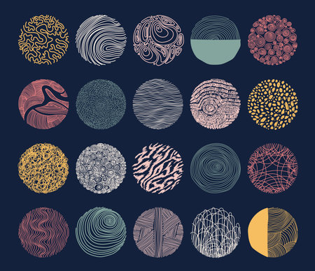 Set of round Abstract colorful Backgrounds or Patterns. Hand drawn doodle shapes. Spots, drops, curves, Lines. Contemporary modern trendy Vector illustration. Posters, Social media Icons templatesのイラスト素材