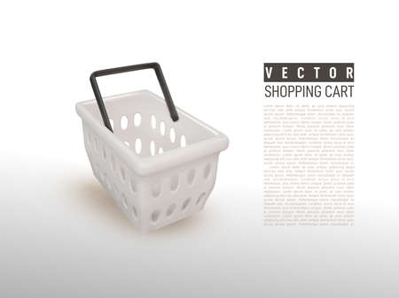 3d realistic white empty shopping basket. Online store. Hypermarket product carry object. Plastic shopping cart. Vector grocery basket realistic illustration isolated on white background.のイラスト素材