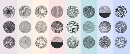Set of hand drawn round abstract black and white backgrounds or patterns. Vector doodle shapes. Spots, drops, curves, pastel lines. Contemporary modern trendy. Posters, social media Icons templatesのイラスト素材