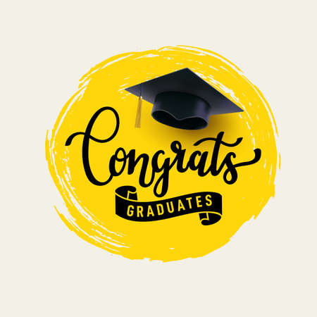 Congrats Graduates, class of 2021. Cap icon and lettering for graduation party.のイラスト素材
