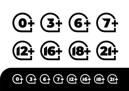 Age rating set icon 0, 3, 6, 7, 12, 16, 18, 21. Design vector illustration age limit for web and video games. Isolated on black and white background.のイラスト素材