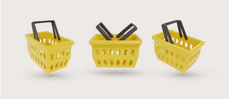 Set of realistic plastic shopping cart. Empty shopping cart yellow. Baskets with two foldable handles. Vector illustration. Isolated on white background.のイラスト素材