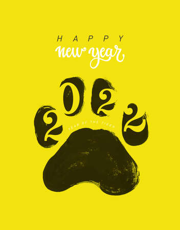 Tiger footprint with New Year numbers 2022. Happy New Year greeting card. 2022 is the year of the yellow tiger in the chinese calendar. Hand drawn paw footprint. Vector illustration.のイラスト素材