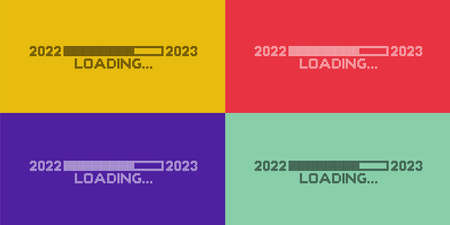 Collection of Pixelated progress bar year 2022 to 2023 loading. Set of Happy New Year Vector illustration. Isolated on yellow, red, green and purple background.のイラスト素材