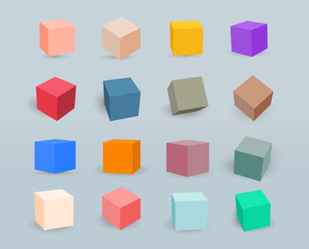 Set of colored 3D Cubes. Collection colorful cube icons with a perspective 3d cube model with a shadow. Vector illustration. Isolated on a gray background for your design.のイラスト素材