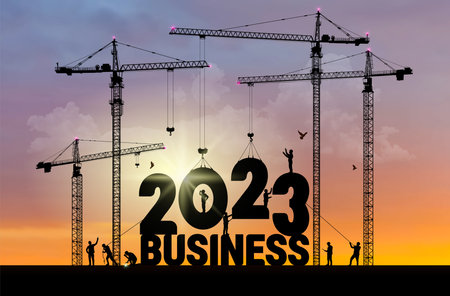 Business in the New Year 2023. Business finance background. 2023 construction site crane building a business text idea concept. Vector black silhouette illustration design.のイラスト素材