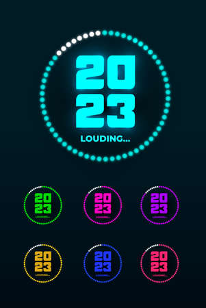 Doodle with 2023 loading. New year download screen. Set of progress bar almost reaching new years 2023 eve. Vector illustration. Isolated on dark background.のイラスト素材