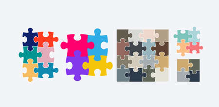 Puzzles pieces connection game toy. Logo, design solution puzzle concept. Flat vector illustration. Isolated on white background.のイラスト素材