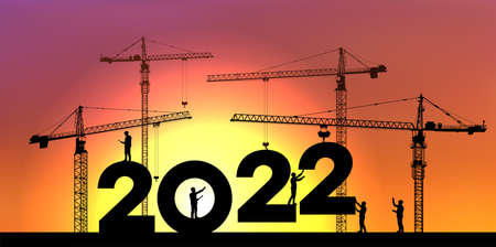 Black silhouette staff works as a to prepare to welcome the new year. Large construction site, many construction cranes set numbers 2022. Construction team sets numbers for New Year 2022. Vector illustrationのイラスト素材