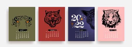 Calendar 2022, calendar 2022, Year of the tiger. January, february, march, april. Sunday week start, corporate design planner template. Vector illustration. Isolated on white background.のイラスト素材
