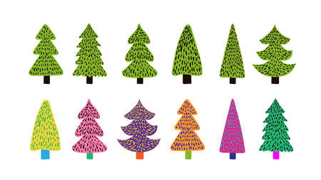 Set of cute fir colored trees in simple doodle style. Kids primitive triangle-shaped fir tree with trunk. Naive childish drawing of spruce isolated on background. Vector illustration of forest plant.のイラスト素材