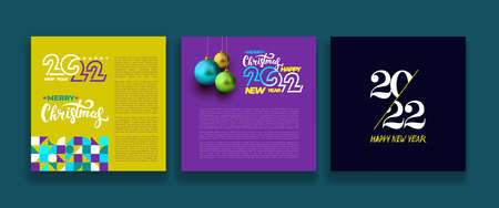 Set of Merry Christmas and Happy New Year greeting cards, web site holiday covers. Modern Xmas design in colored colors. Christmas tree, balls, fir branches, gifts elements. Vector illustration.のイラスト素材