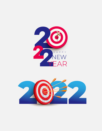 New Year realistic target and goals with symbol blue numbers of 2022 from red archery target, arrows archer and number. Set of vector resolution, target for new year 2022 concept.のイラスト素材