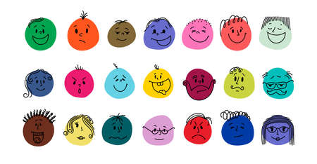 Round colored comic faces with various emotions. Flat kids design. Different colorful abstract characters. Cartoon style. Hand drawn trendy Vector illustration. Isolated on white background.のイラスト素材