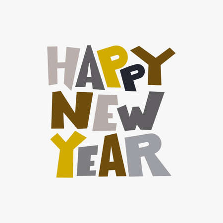 Happy new year lettering. Christmas template, hand drawn phrase. Scandinavian vector illustration for card, poster, invitation, sticker, stamp, scrapbooking. Design flat element. Cute and simple art.のイラスト素材