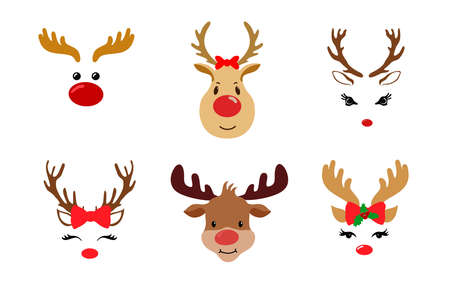 Set of a cute reindeer face with Christmas decoration. Vector illustration. Collection of cute cartoon reindeer. Christmas theme. Isolated on white background.のイラスト素材
