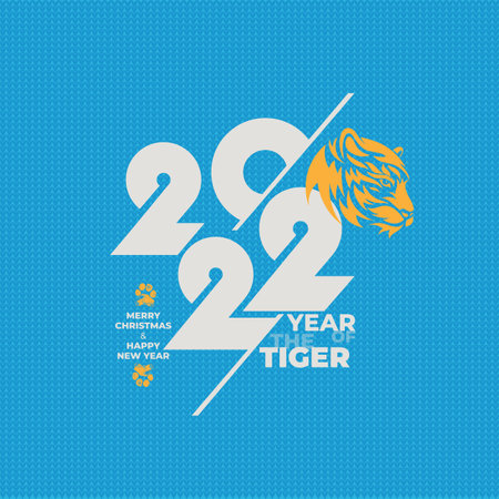 Vector white lines lying on winter sweater background 2022 for poster, brochure, banner, ticket. Numbers and handwritten letters isolated on white background. Figures with tiger head and footprint.のイラスト素材