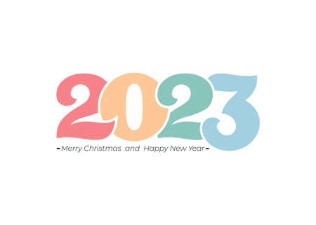 Colorful numbers 2023 for poster, brochure, site, banner, ticket. Vector numbers and handwritten letters. Christmas symbols for your design. Illustration with labels. Happy new year 2023.のイラスト素材