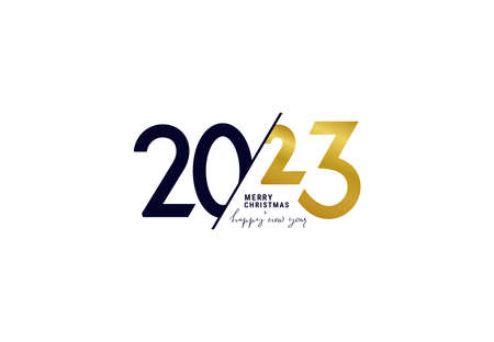 Trend logo 2023 Happy New Year text design. 2023 number design template. 2023 Happy New Year symbols. Vector illustration with black and gold label isolated on white background.のイラスト素材
