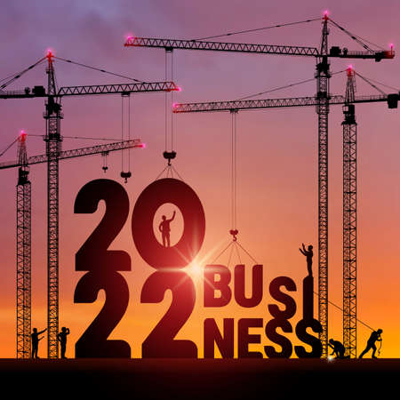 Business in the New Year 2022. Vector realistic business finance background. 2022 construction site crane building a business text idea concept. Black silhouette illustration design.のイラスト素材