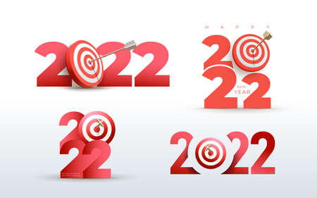 Set of New Year realistic target and goals with symbol of 2022 from red archery target, arrows archer and number. Vector resolution, target for new year 2022 concept. Illustration on white background.のイラスト素材
