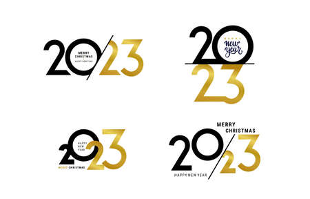 Happy New 2023 Year elegant gold text with light. Set of minimalistic text template. Vector...