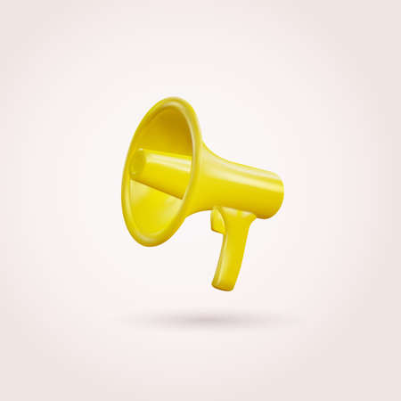 Realistic yellow plastic megaphone with shadow on white background. Marketing time concept, 3d megaphone, loudspeaker. Vector illustration.のイラスト素材
